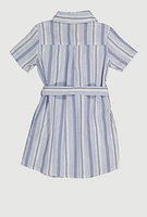Little Girls Striped Tie Waist Belt Shirt Dress, Blue, Size 5-6