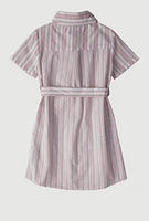 Little Girls Striped Tie Waist Belted Shirt Dress, Pink, Size 5-6