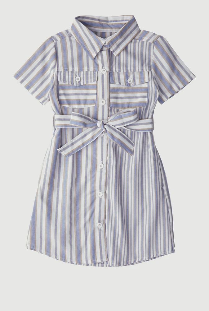 Little Girls Striped Tie Waist Belted Shirt Dress, Blue, Size 5-6