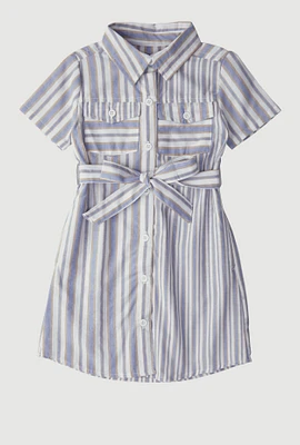 Little Girls Striped Tie Waist Belted Shirt Dress,