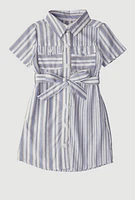 Little Girls Striped Tie Waist Belted Shirt Dress, Blue, Size 5-6