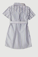 Little Girls Striped Tie Waist Belted Shirt Dress, Blue, Size 5-6