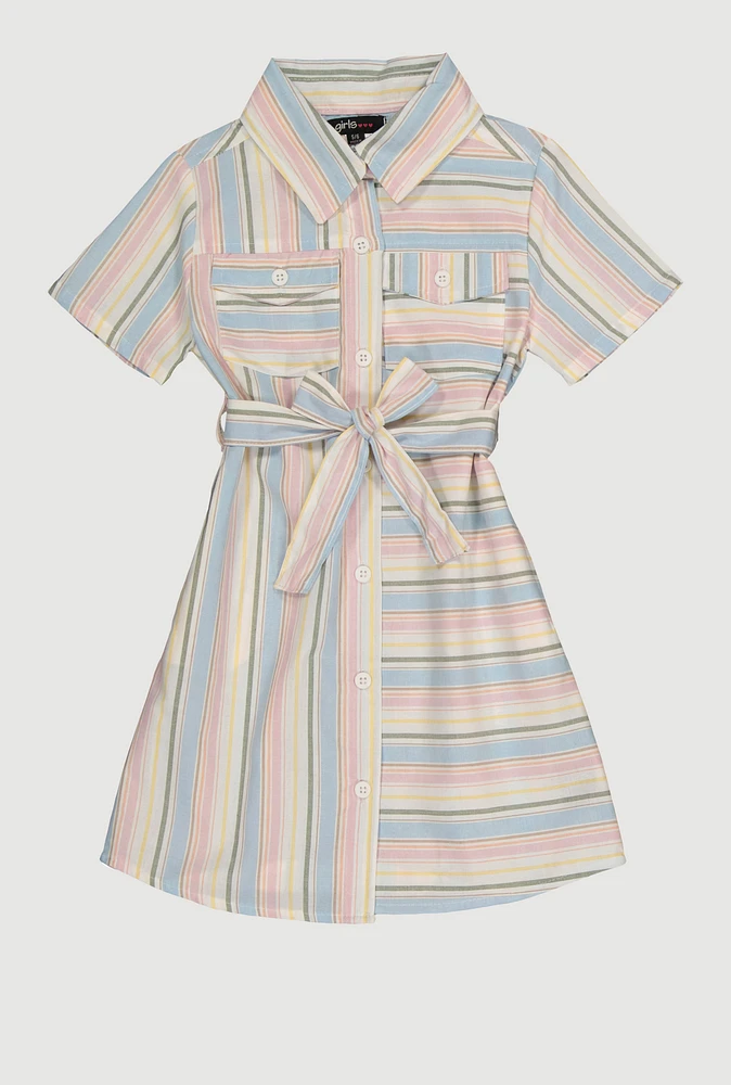 Little Girls Striped Tie Waist Belted Shirt Dress, Multi,