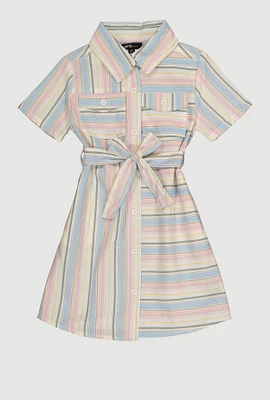 Little Girls Striped Tie Waist Belted Shirt Dress, Multi,