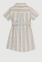 Little Girls Striped Tie Waist Belted Shirt Dress, Multi,