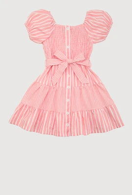Little Girls Smocked Button Front Tiered Dress, Pink, Size 6X