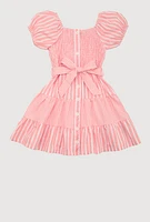 Little Girls Smocked Button Front Tiered Dress, Pink, Size 6X