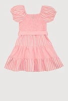 Little Girls Smocked Button Front Tiered Dress, Pink, Size 6X