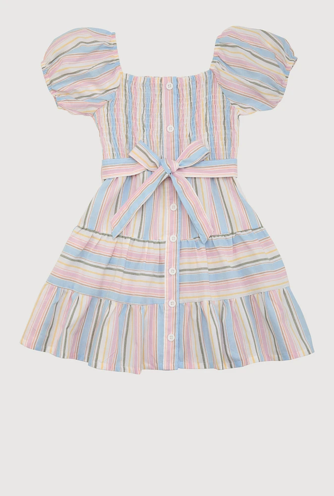 Little Girls Smocked Button Front Tiered Dress, Multi, Size 4
