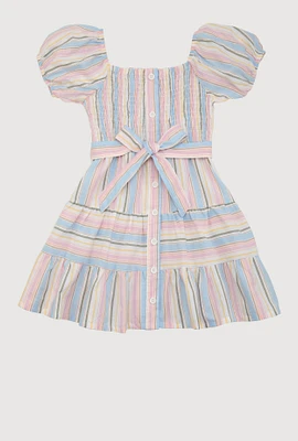 Little Girls Smocked Button Front Tiered Dress, Multi, Size 4