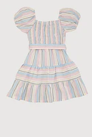 Little Girls Smocked Button Front Tiered Dress, Multi, Size 4
