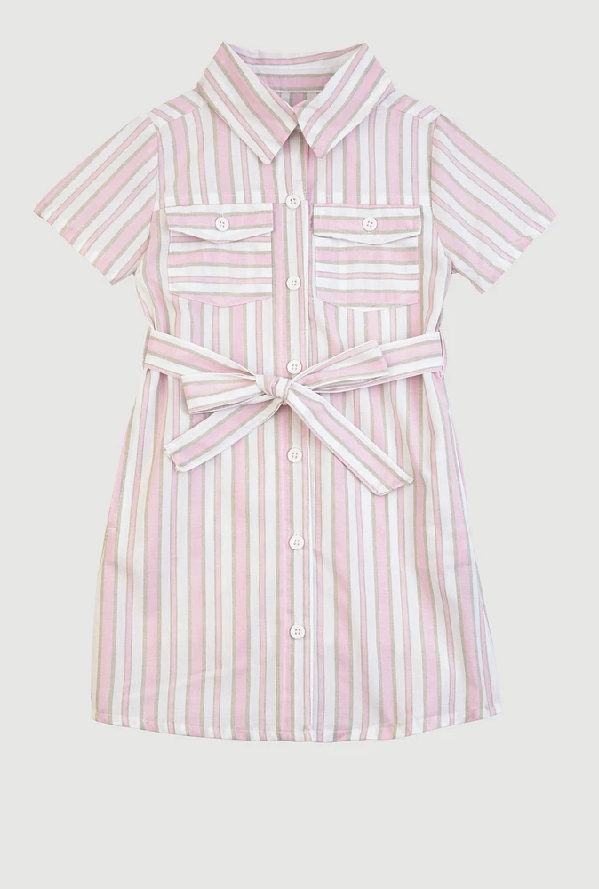 Little Girls Striped Short Sleeve Tie Waist Shirt Dress, Pink, Size 6X