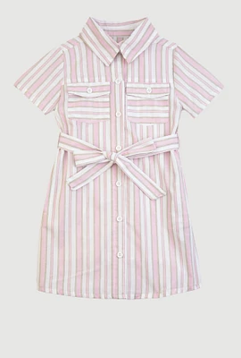 Little Girls Striped Short Sleeve Tie Waist Shirt Dress, Pink, Size 6X