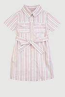 Little Girls Striped Short Sleeve Tie Waist Shirt Dress, Pink, Size 6X