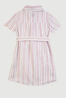 Little Girls Striped Short Sleeve Tie Waist Shirt Dress, Pink, Size 6X