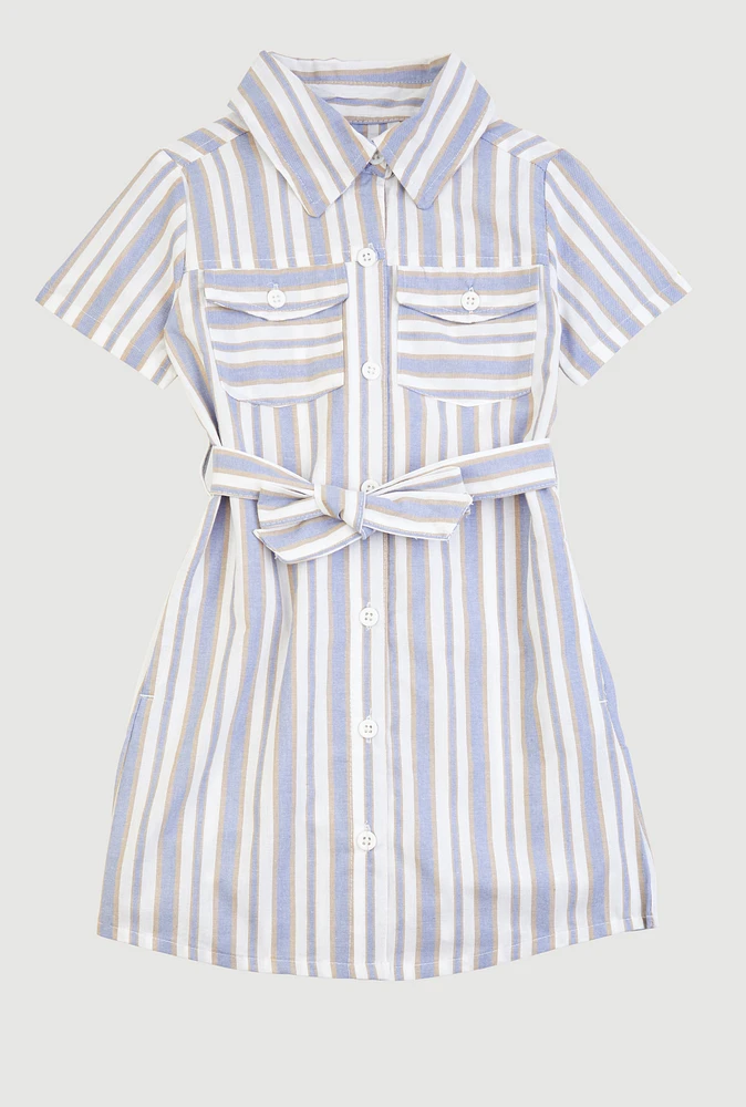 Little Girls Striped Short Sleeve Tie Waist Shirt Dress, Blue, Size 6X