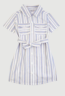 Little Girls Striped Short Sleeve Tie Waist Shirt Dress, Blue, Size 6X