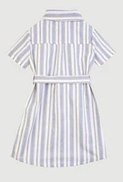 Little Girls Striped Short Sleeve Tie Waist Shirt Dress, Blue, Size 6X