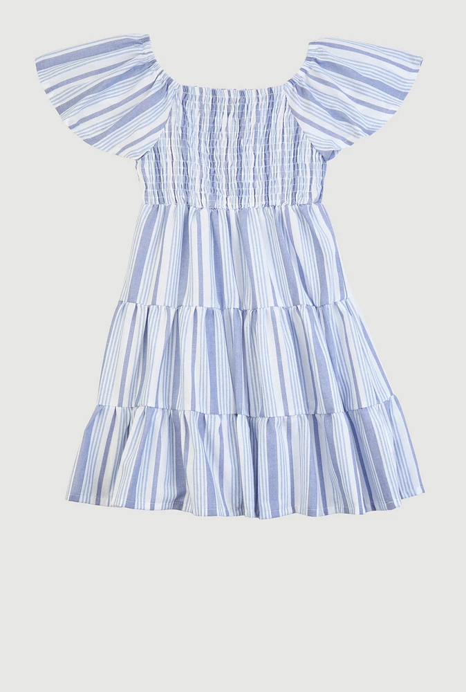 Little Girls Striped Smocked Tiered Dress, Blue, Size 6X