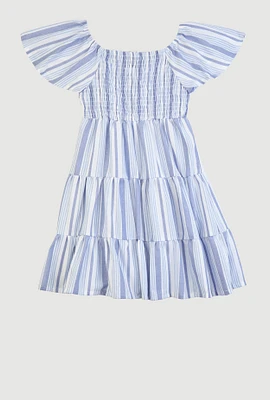 Little Girls Striped Smocked Tiered Dress, Blue, Size 6X