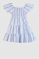 Little Girls Striped Smocked Tiered Dress, Blue, Size 6X