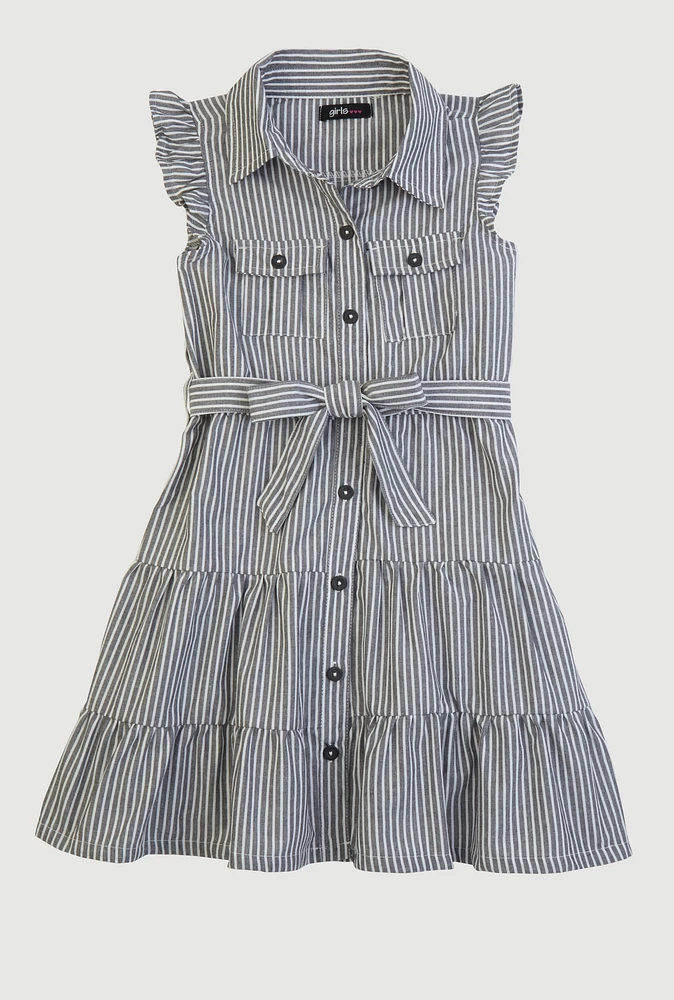 Little Girls Striped Tie Waist Belted Tiered Dress,