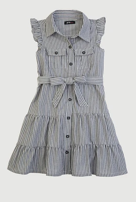 Little Girls Striped Tie Waist Belted Tiered Dress,