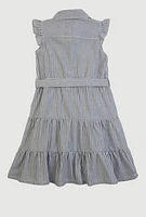 Little Girls Striped Tie Waist Belted Tiered Dress,