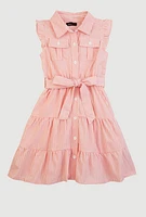 Little Girls Striped Tie Waist Belted Tiered Dress, Pink, Size 6X