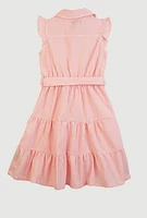 Little Girls Striped Tie Waist Belted Tiered Dress, Pink, Size 6X