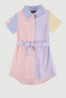 Little Girls Color Blocked Striped Shirt Dress, Multi,