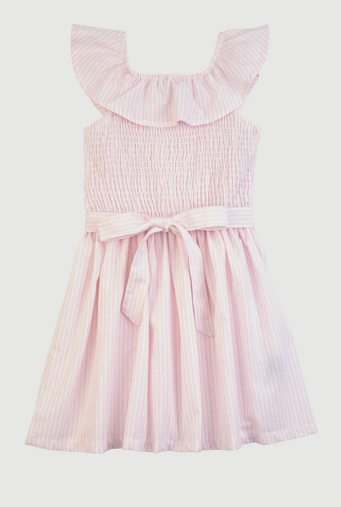 Little Girls Smocked Tie Waist Skater Dress, Pink, Size 6X