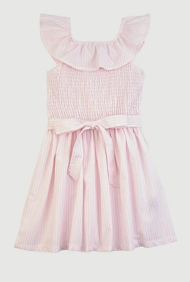 Little Girls Smocked Tie Waist Skater Dress, Pink, Size 6X