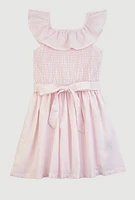 Little Girls Smocked Tie Waist Skater Dress, Pink, Size 6X