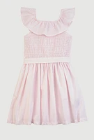 Little Girls Smocked Tie Waist Skater Dress, Pink, Size 6X