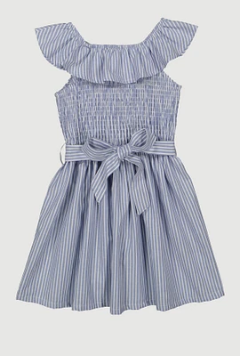 Little Girls Smocked Tie Waist Skater Dress, Blue, Size 6X