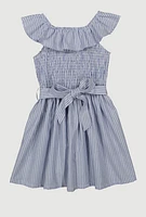Little Girls Smocked Tie Waist Skater Dress, Blue, Size 6X