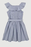 Little Girls Smocked Tie Waist Skater Dress, Blue, Size 6X