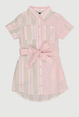 Little Girls Color Block Striped Shirt Dress, Pink,