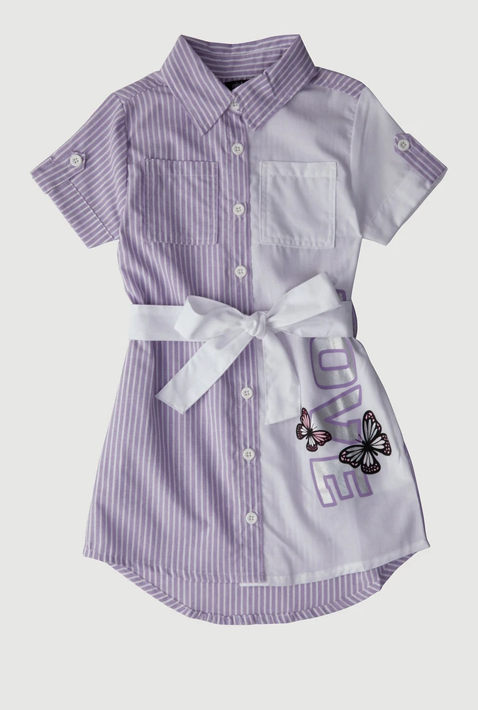 Little Girls Striped Love Butterfly Graphic Shirt Dress, Purple, Size 5-6