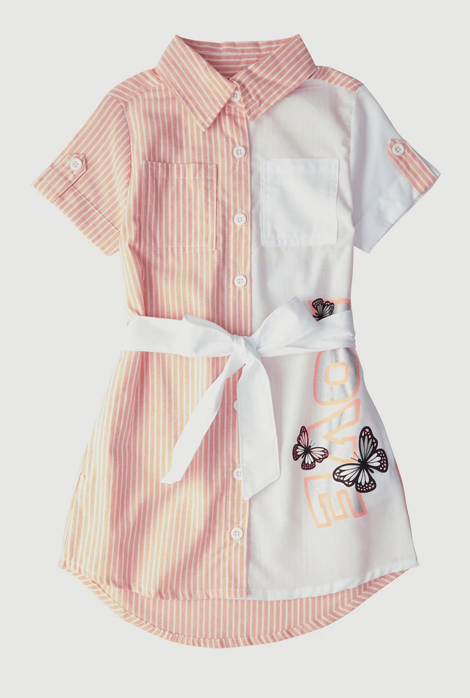 Little Girls Striped Love Butterfly Graphic Shirt Dress,