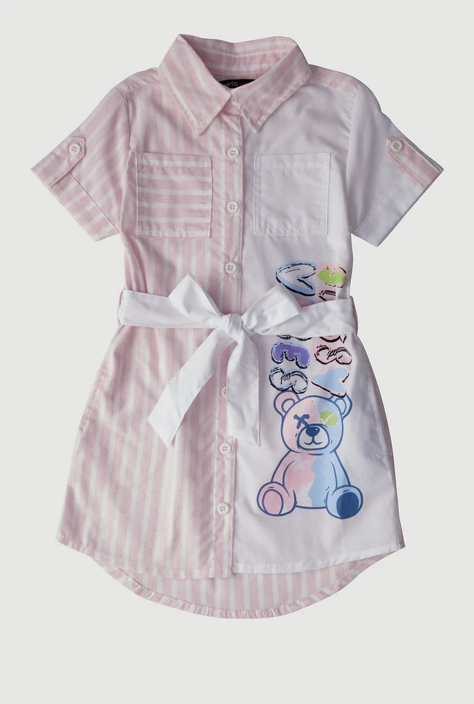 Little Girls Striped Sassy Vibes Graphic Shirt Dress, Pink, Size 4