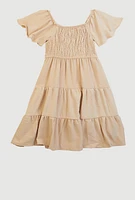 Little Girls Smocked Tiered Peasant Dress, Beige, Size 6X