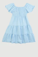 Little Girls Smocked Tiered Peasant Dress, Blue, Size 5-6