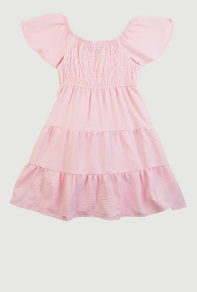 Little Girls Smocked Tiered Peasant Dress, Pink, Size 4