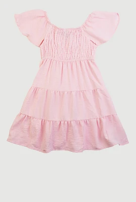Little Girls Smocked Tiered Peasant Dress, Pink, Size 4