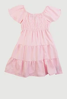 Little Girls Smocked Tiered Peasant Dress, Pink, Size 4