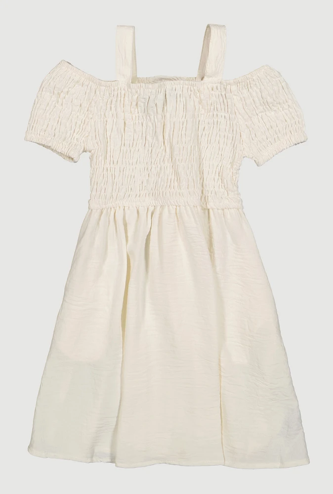 Little Girls Smocked Cold Shoulder Dress, White, Size 4