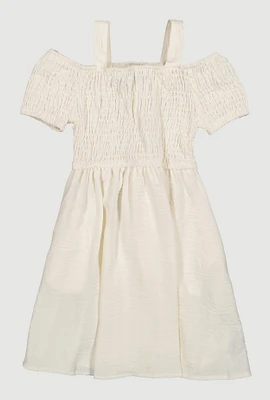 Little Girls Smocked Cold Shoulder Dress, White, Size 4