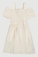Little Girls Smocked Cold Shoulder Dress, White, Size 4